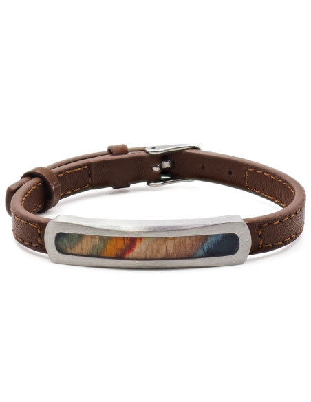 Bracelet Koa Arc-en-Terre - acier et cuir marron, PVD noir, bois teinté multicolore incrusté - William Spencer