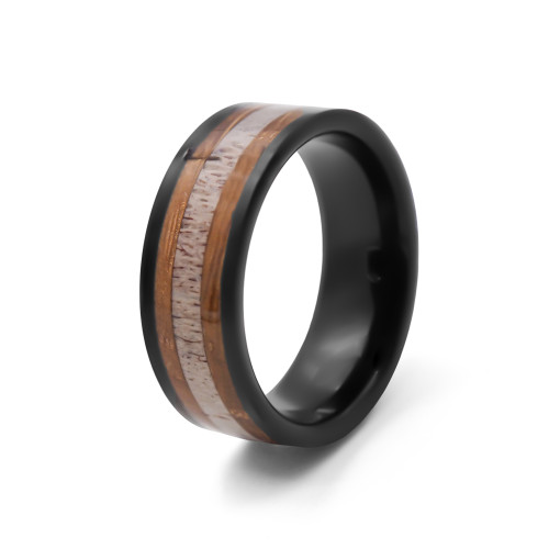 Bague Fusion Sauvage - tungstène PVD noir, bois de cerf et bois koa incrusté - William Spencer