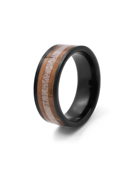 Bague Fusion Sauvage - tungstène PVD noir, bois de cerf et bois koa incrusté - William Spencer