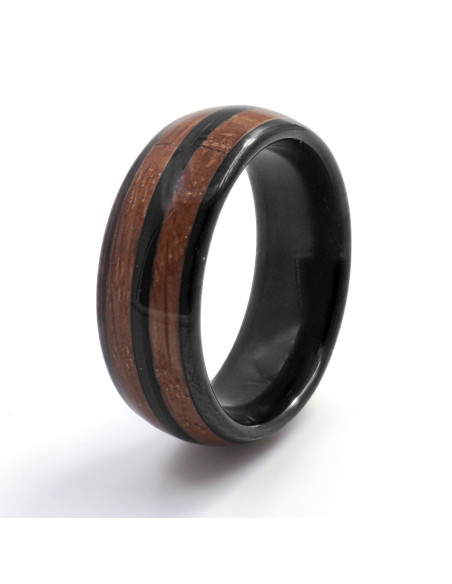 Bague Whisky Obsidien - tungstène PVD noir, bois de baril de whisky incrusté - William Spencer