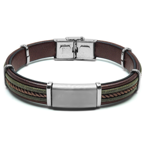 Bracelet Anchoris - acier et cuir italien marron et vert militaire, cordon marron tressé - William Spencer