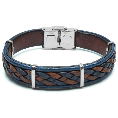 Bracelet Militaris - acier et cuir italien tressé bleu et marron - William Spencer