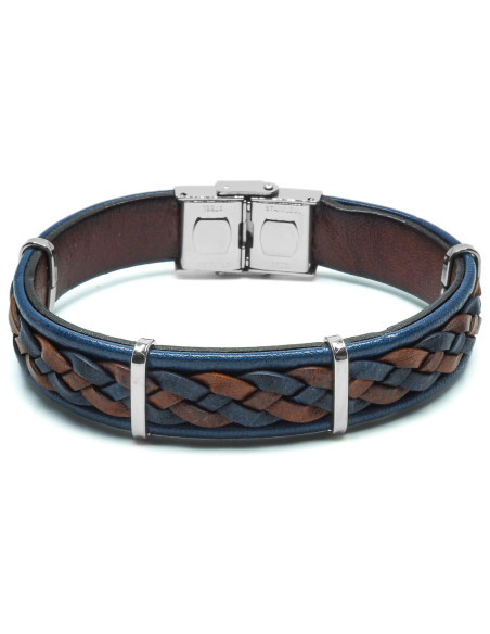 Bracelet Militaris - acier et cuir italien tressé bleu et marron - William Spencer