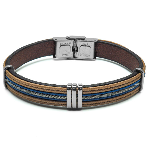 Bracelet Tressis - acier et cuir italien marron clair, bleu et câble gris - William Spencer