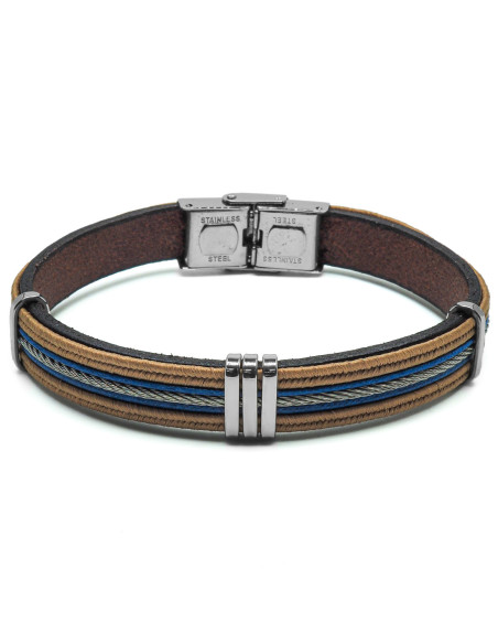 Bracelet Tressis - acier et cuir italien marron clair, bleu et câble gris - William Spencer