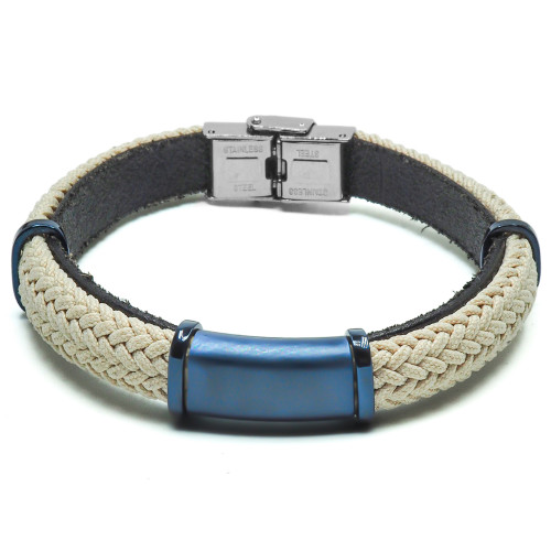 Bracelet Terris - acier PVD bleu, cuir italien noir, cordon tressé beige - William Spencer