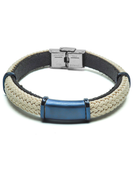 Bracelet Terris - acier PVD bleu, cuir italien noir, cordon tressé beige - William Spencer