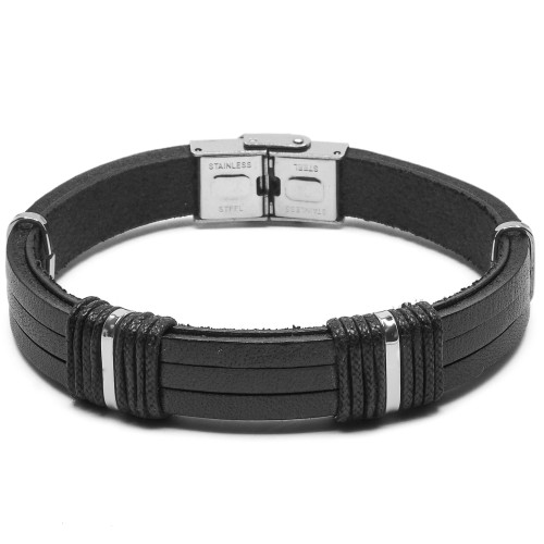 Bracelet Oceanis - acier et cuir italien noir, cordon noir - William Spencer