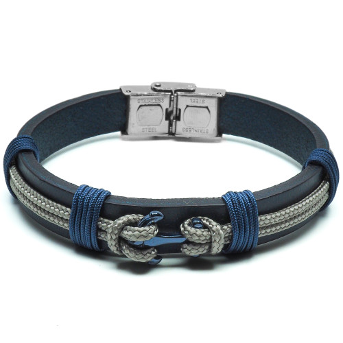 Bracelet Nero - acier PVD bleu, cuir italien bleu foncé, ancre, cordon beige - William Spencer