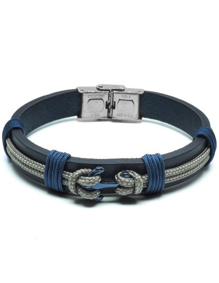 Bracelet Nero - acier PVD bleu, cuir italien bleu foncé, ancre, cordon beige - William Spencer