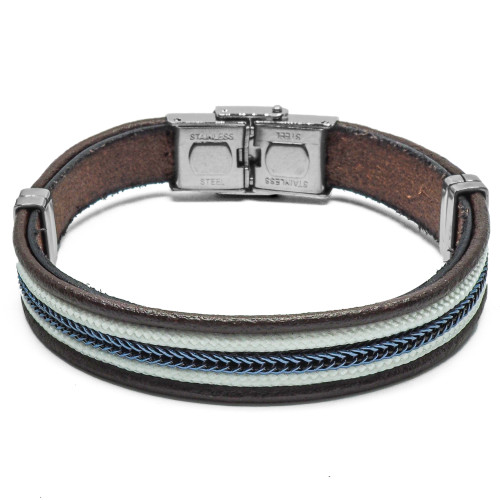 Bracelet Azzuro - acier et cuir italien marron, cordon beige et bleu - William Spencer