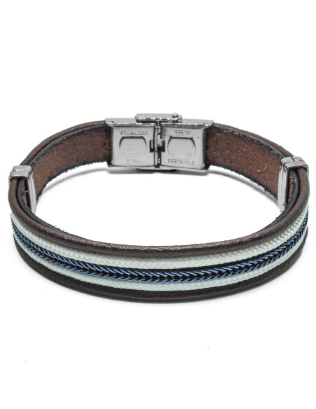 Bracelet Azzuro - acier et cuir italien marron, cordon beige et bleu - William Spencer
