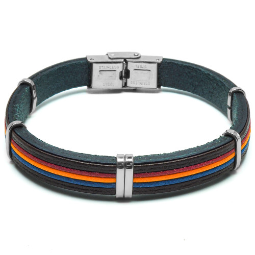 Bracelet Duo Marin - acier et cuir italien bleu foncé, cordon rouge, orange et bleu - William Spencer