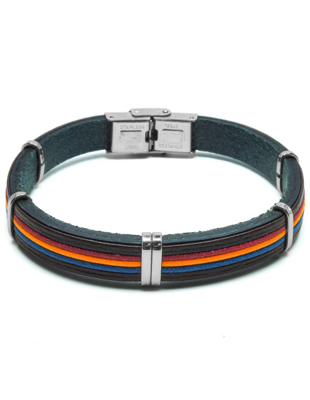 Bracelet Duo Marin - acier et cuir italien bleu foncé, cordon rouge, orange et bleu - William Spencer