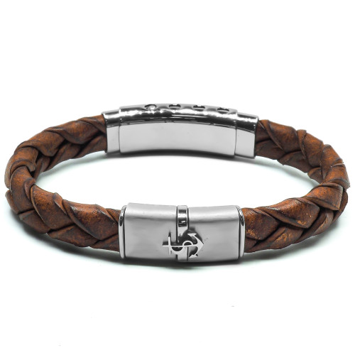 Bracelet Orion - acier et cuir italien tressé marron, ancre - William Spencer