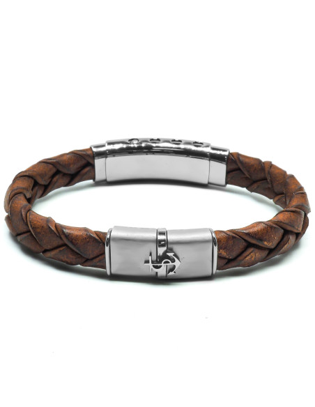 Bracelet Orion - acier et cuir italien tressé marron, ancre - William Spencer
