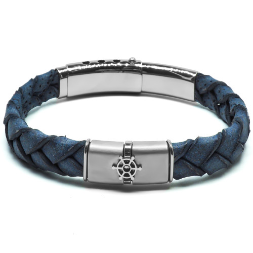Bracelet Marinor - acier et cuir italien tressé bleu foncé, roue - William Spencer