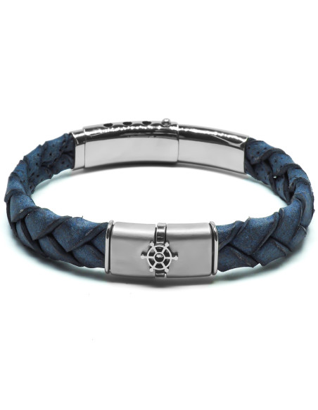 Bracelet Marinor - acier et cuir italien tressé bleu foncé, roue - William Spencer