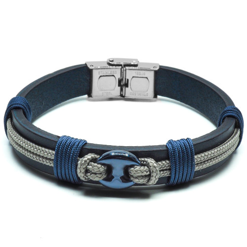 Bracelet Navigator - acier PVD bleu, cuir italien bleu foncé, grain de café, cordon beige - William Spencer