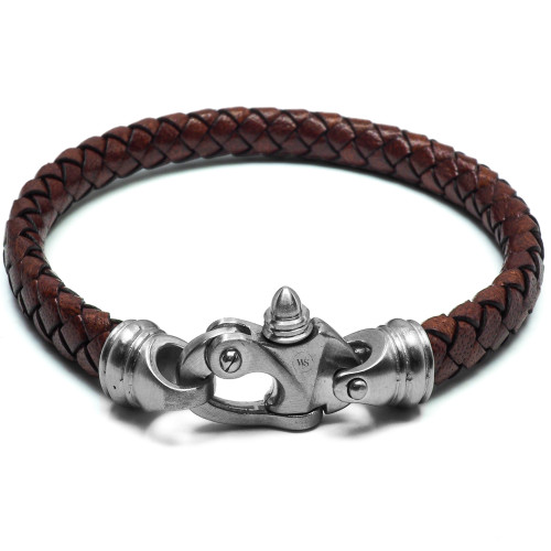 Bracelet Nerone - acier et cuir italien tressé marron, fermoir pratique - William Spencer