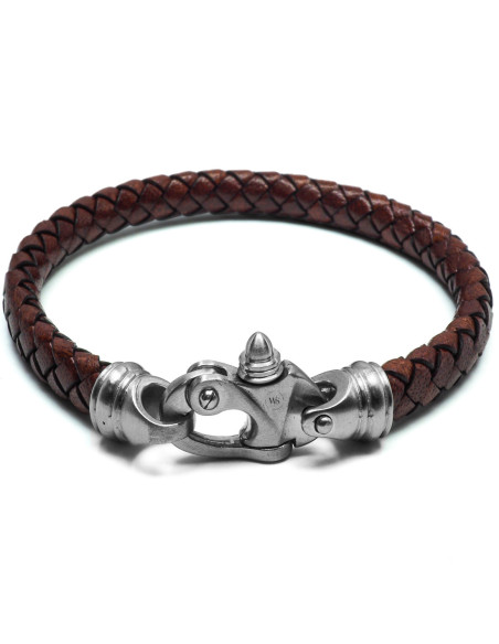 Bracelet Nerone - acier et cuir italien tressé marron, fermoir pratique - William Spencer