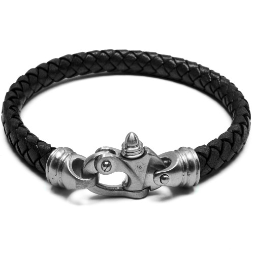 Bracelet Tressis Minor - acier et cuir italien tressé noir, fermoir pratique - William Spencer