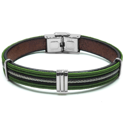 Bracelet Tressis Nero - acier et cuir italien marron, cordon vert militaire et bleu foncé, câble acier - William Spencer