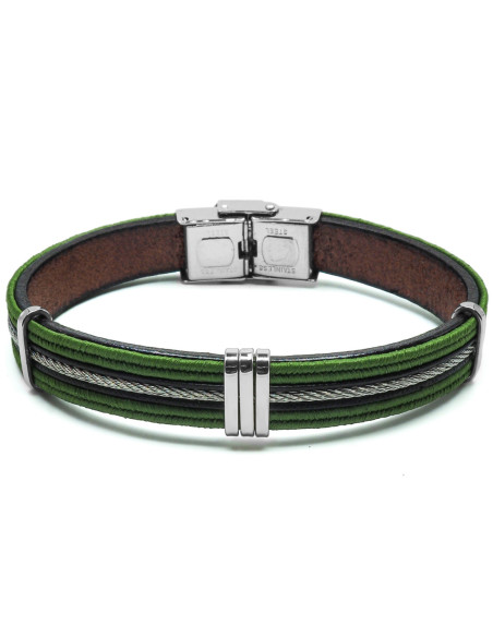 Bracelet Tressis Nero - acier et cuir italien marron, cordon vert militaire et bleu foncé, câble acier - William Spencer
