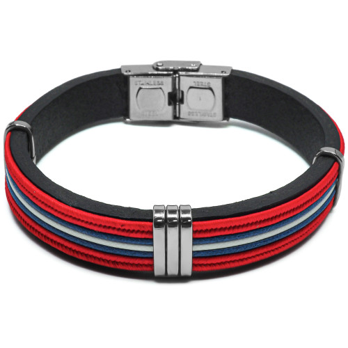 Bracelet Forza - acier et cuir italien noir, cordon bleu, blanc, rouge - William Spencer