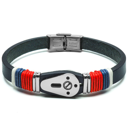 Bracelet Triade - acier et cuir italien noir, cordon bleu, blanc, rouge, manille - William Spencer