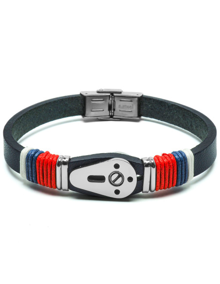 Bracelet Triade - acier et cuir italien noir, cordon bleu, blanc, rouge, manille - William Spencer