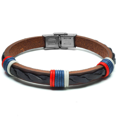 Bracelet Manilla - acier et cuir italien marron, tressé noir, cordon bleu, blanc, rouge - William Spencer