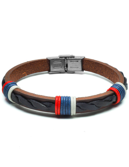 Bracelet Manilla - acier et cuir italien marron, tressé noir, cordon bleu, blanc, rouge - William Spencer