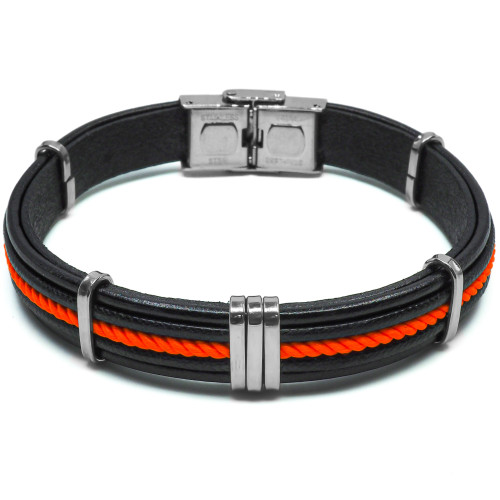 Bracelet Tressis Color - acier et cuir italien noir, cordon tressé orange - William Spencer