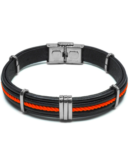 Bracelet Tressis Color - acier et cuir italien noir, cordon tressé orange - William Spencer