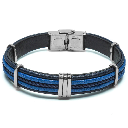 Bracelet Orangeis - acier et cuir italien noir, cordon tressé bleu - William Spencer
