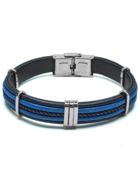 Bracelet Orangeis - acier et cuir italien noir, cordon tressé bleu - William Spencer