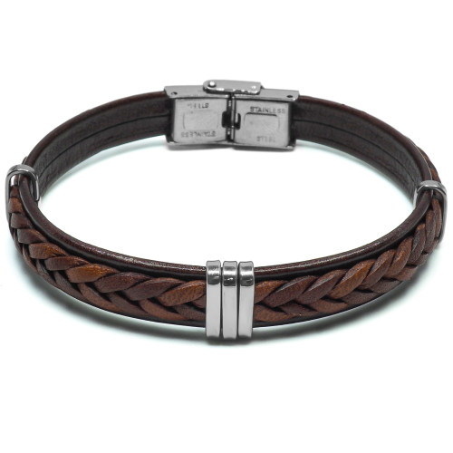 Bracelet Azur Tress - acier et cuir italien tressé marron - William Spencer
