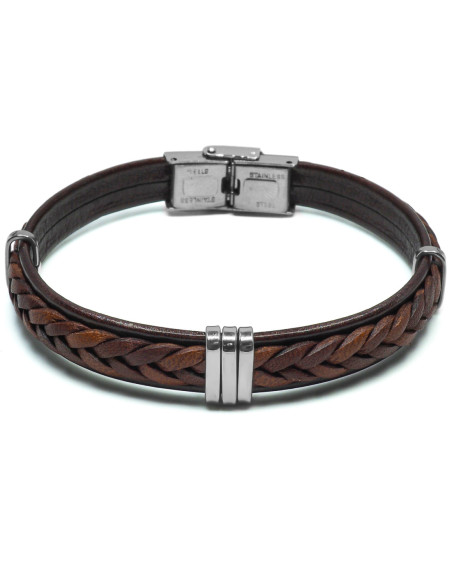 Bracelet Azur Tress - acier et cuir italien tressé marron - William Spencer