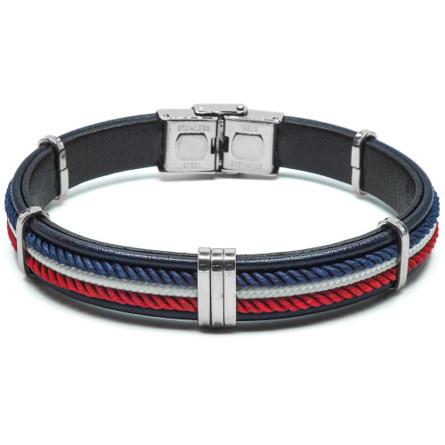 Bracelet Tressor Brown - acier et cuir italien noir, cordon bleu, blanc, rouge - William Spencer