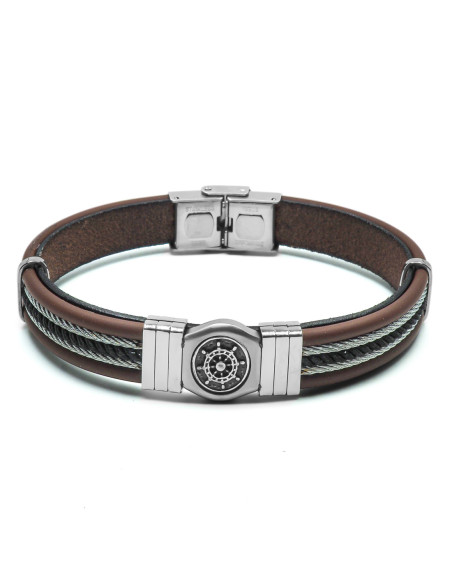 Bracelet Triade Nero - acier et cuir italien marron, cordon tressé noir, câbles acier, roue effet vieilli - William Spencer