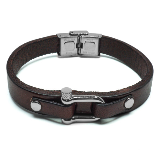 Bracelet Aegis Rex - acier et cuir italien marron, manille - William Spencer