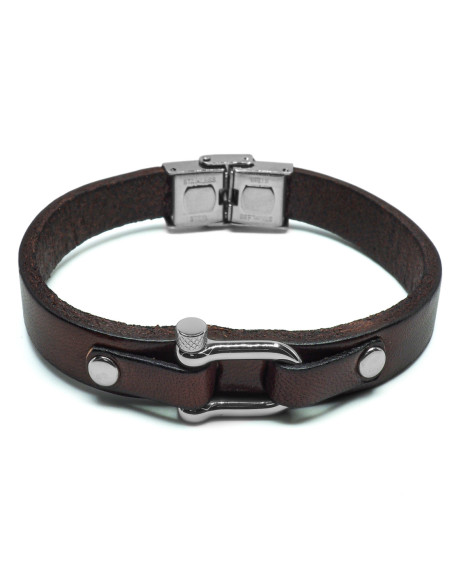 Bracelet Aegis Rex - acier et cuir italien marron, manille - William Spencer